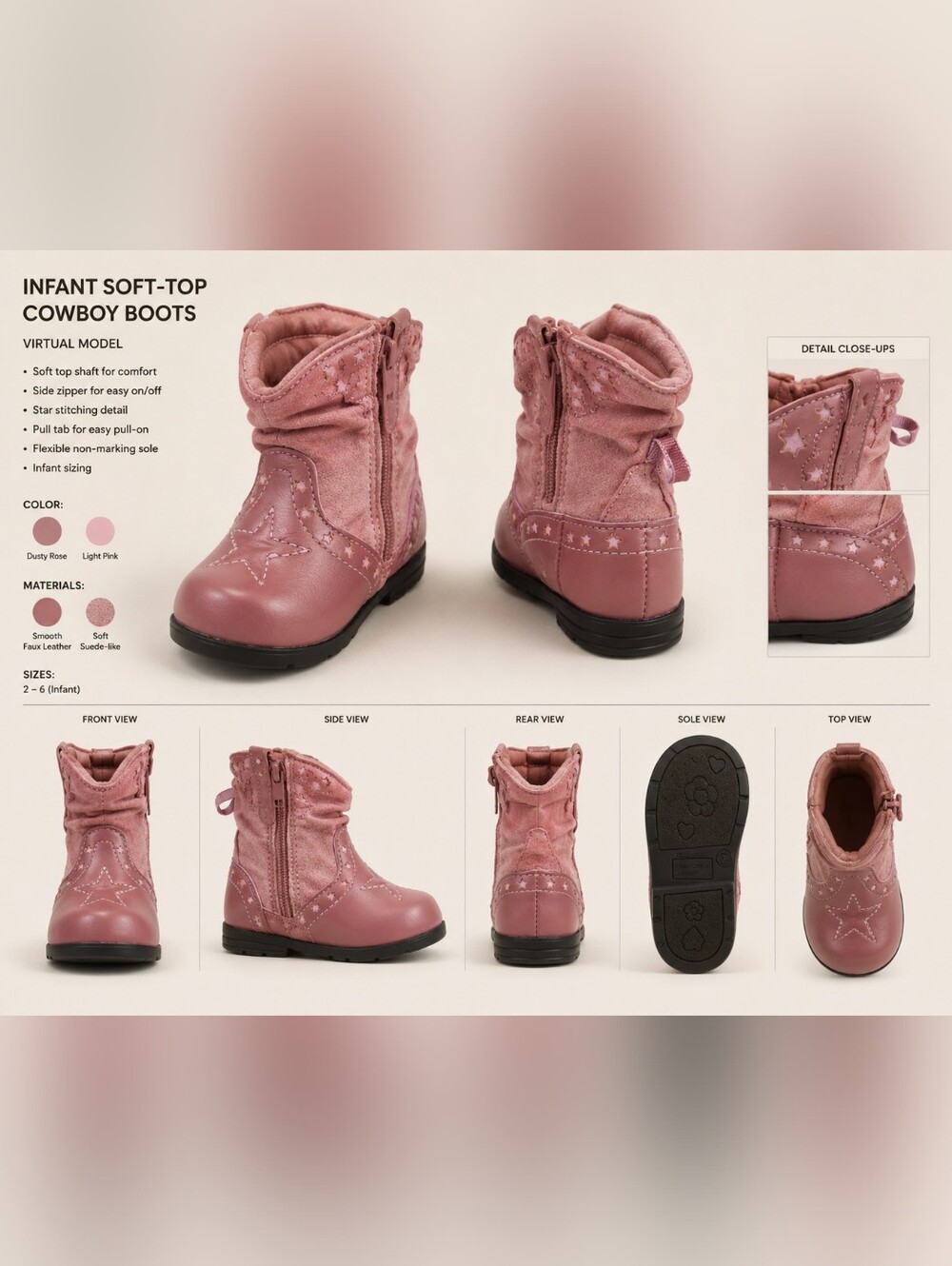 Pink Infant Soft Top Cowboy Boots Western Baby Shoes - Size 2